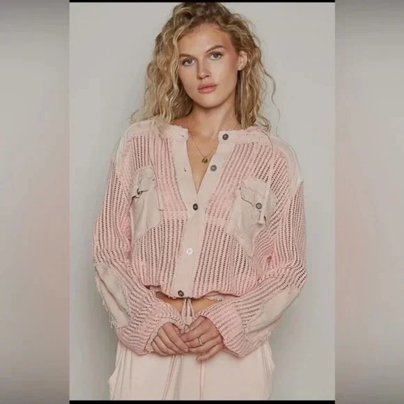 New POL Open Knit See Through Button Down Hoodie Top Frayed Edges Long Sleeve - Picture 5 of 5